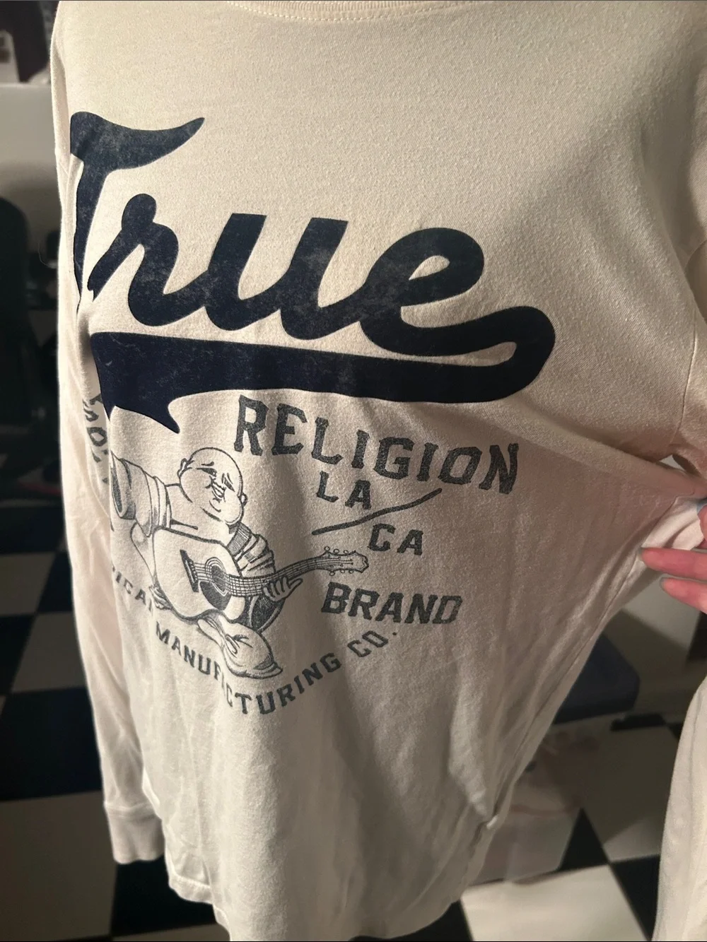 True Religion Cream Long Sleeve Tee with Navy Graphic Logo